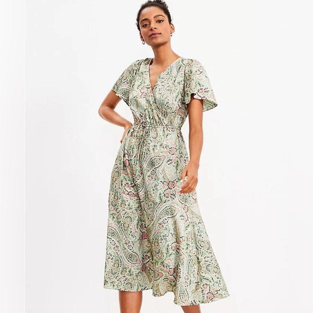 Loft Dress Sz XL Flounce Midi Faux Wrap Green Pink Paisley Elastic Waist V-Neck